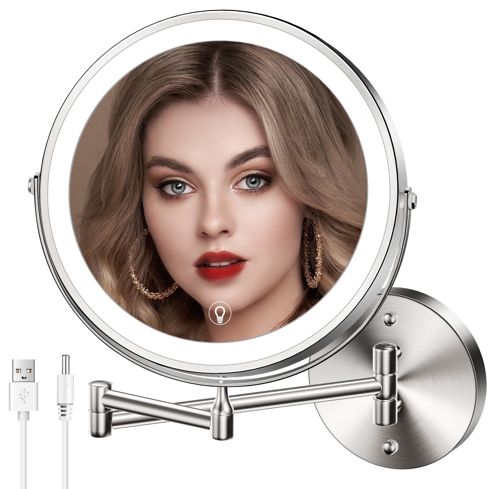 MNIENT 8" Lighted Makeup Mirror Wall Mounted Rechargeable 1X/10X Magnifying