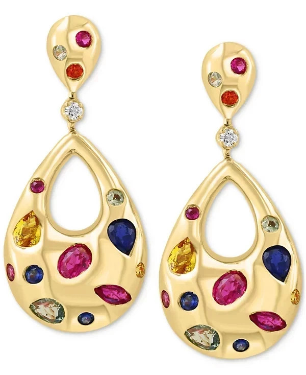 Diamond (7.12ct.t.w.) & Multi Sapphire Teardrop Earrings in 10K Yellow Gold Over