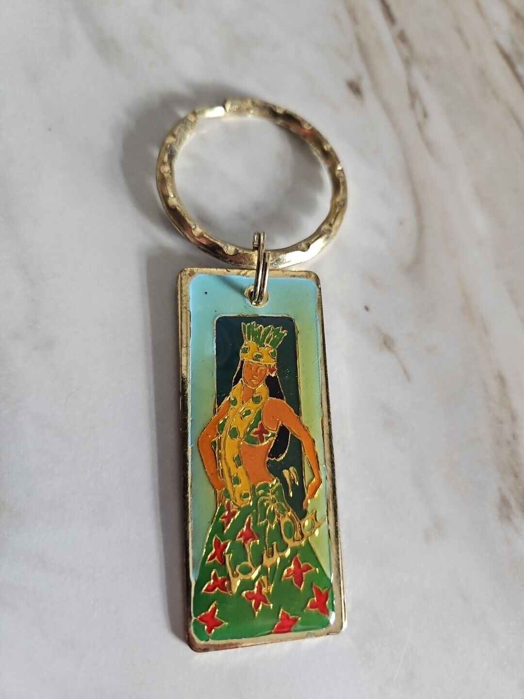 Vintage Hula Girl Keychain Key Fob Hawaii Enamel Dancing Dancer