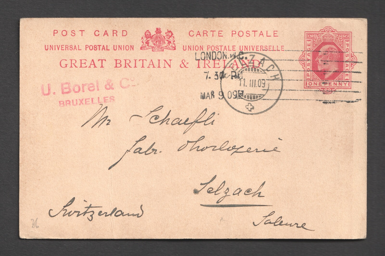 KEVII 1d Postal Stationery Postcard London Columbia Machine Cancel 1909
