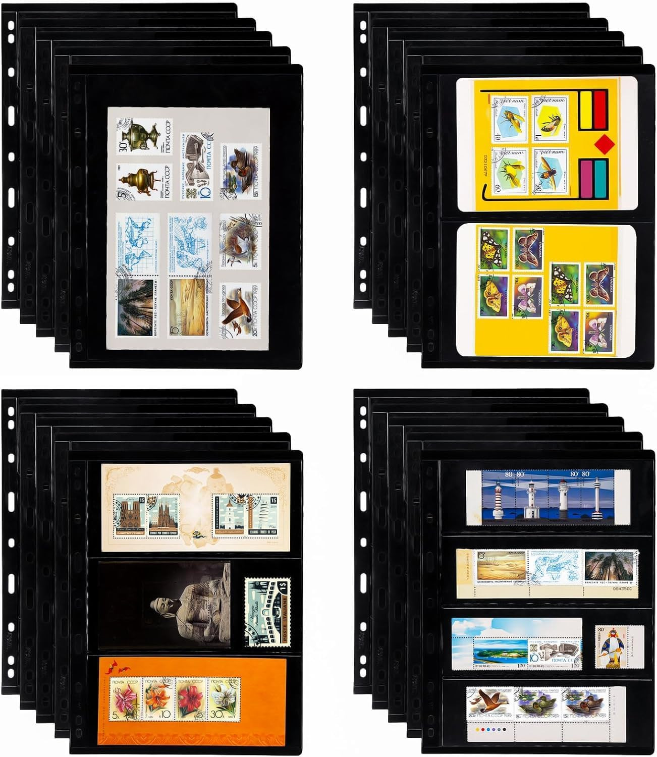 20 Sheets Double-Sided Stamp Album Pages 9-Hole Stamp Binder Inserts Black