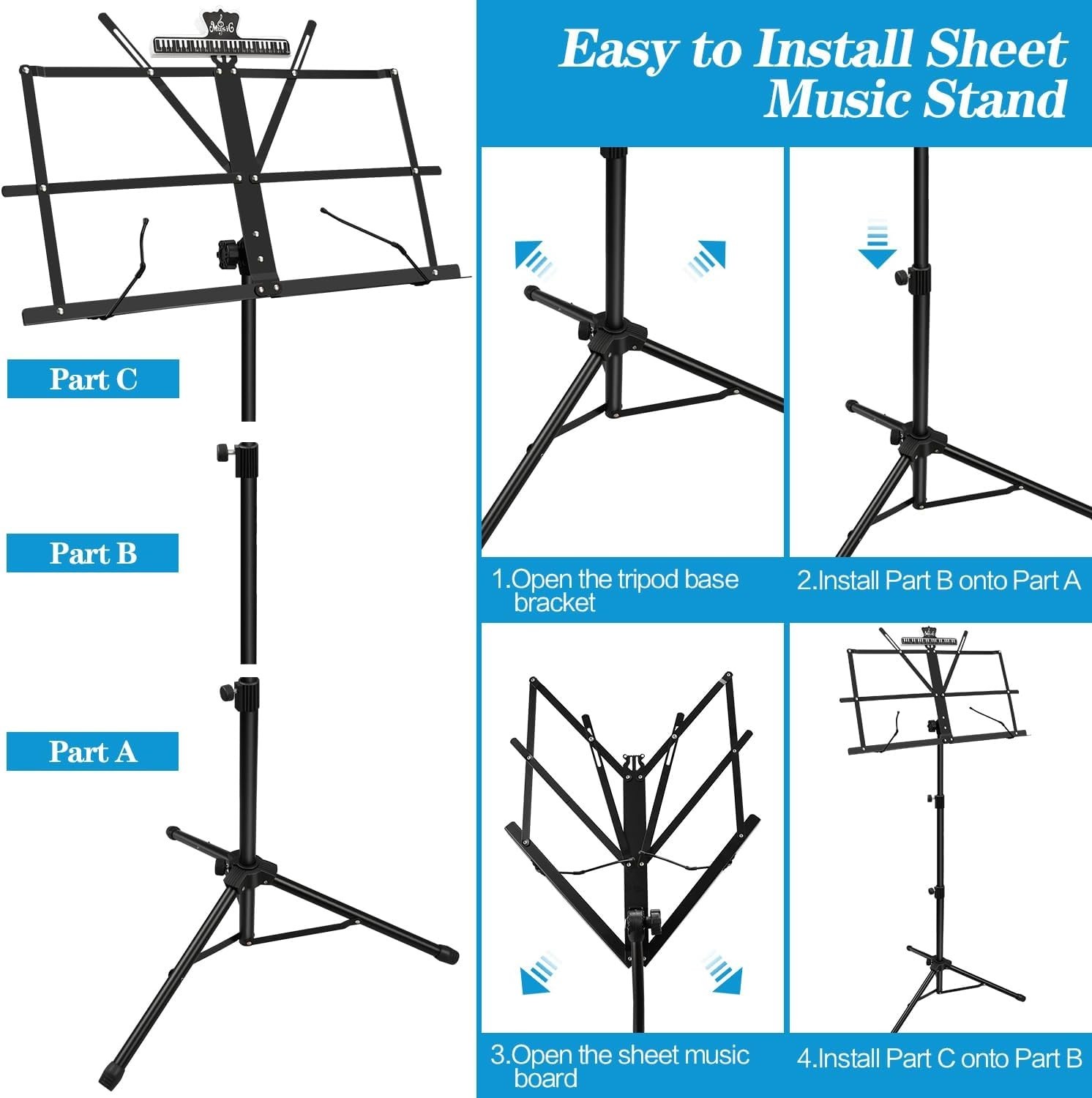 Music Stand Foldable & Portable Metal Sheet Music Stand with Carrying Bag,