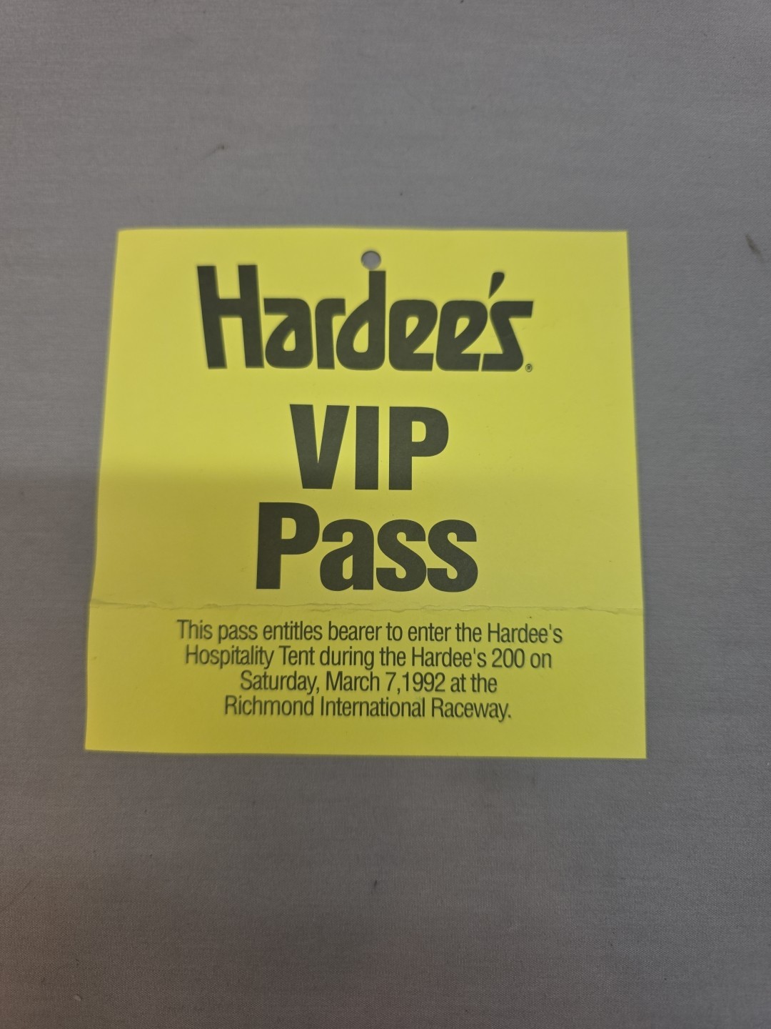 Nascar Hardee's 200 VIP Pass - Hospitality Tent Pass - March 7, 1992