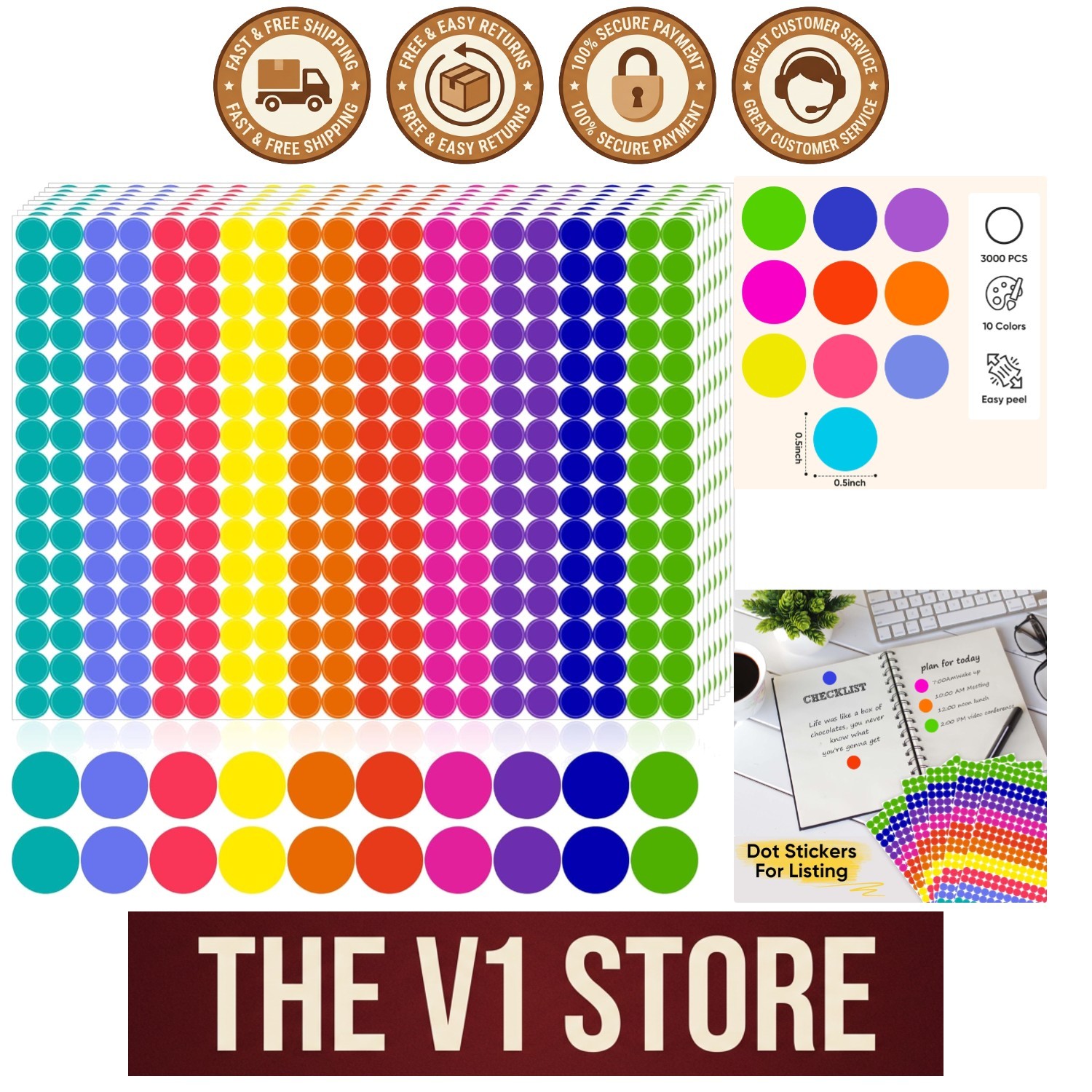 10-Color 1/2 Inch Round Dot Stickers - Perfect for Office & Classroom Use