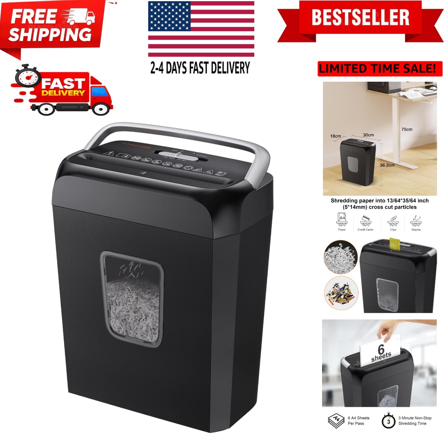 Paper Shredder for Home Use, 3.4 Gal Wastebasket, 6 Sheet Crosscut Paper Cred...