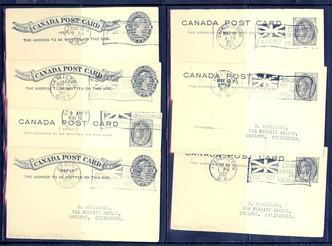 CANADA #P19 1c BLACK LEAF PC w/SEVEN DIFF 1937 FLAG CANCELS