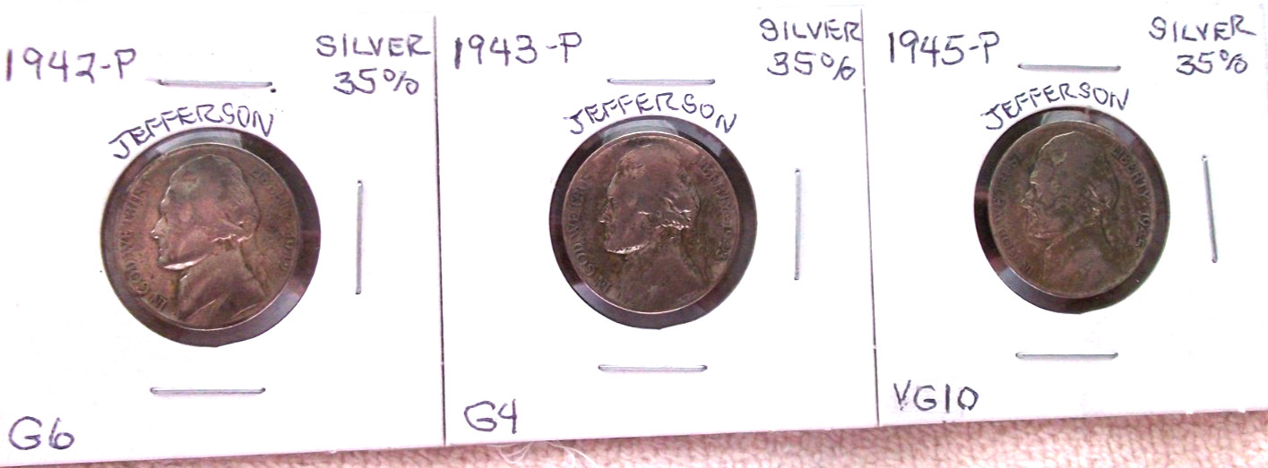 1942-P GOOD PLUS / 1943-P GOOD / 1945-P VERY GOOD PLUS SILVER NICKELS