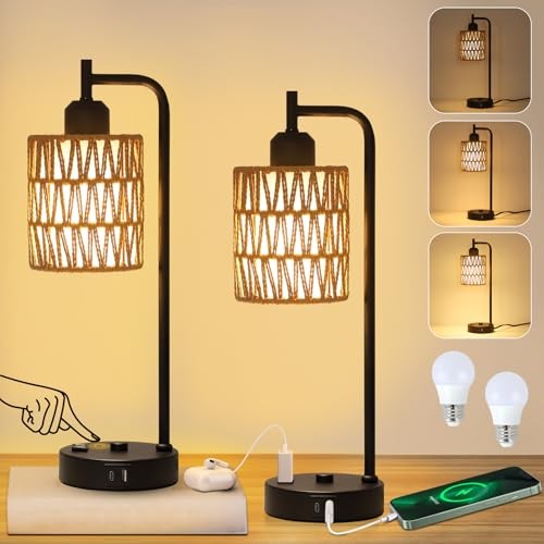 Touch Control Boho Table Lamps Set of 2, 3 Way Dimmable Desk Lamp with LED 