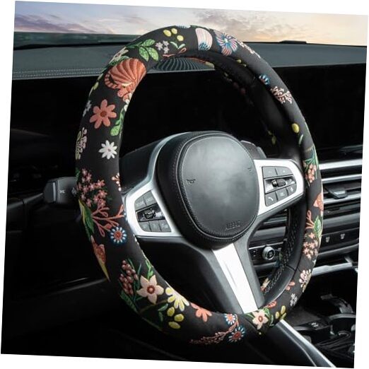 Black Cat Flower Steering Wheel Cover Auto Jacquard 15 inch Black Cat Flower JQ
