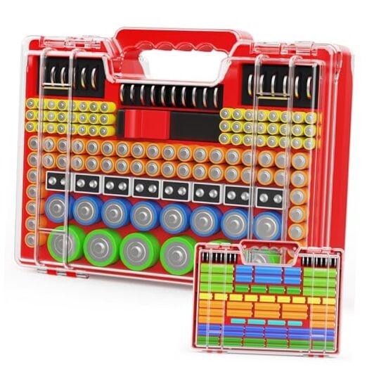 Battery Organizer Storage Holder Box Case with Tester, Stores & Protects Up Red
