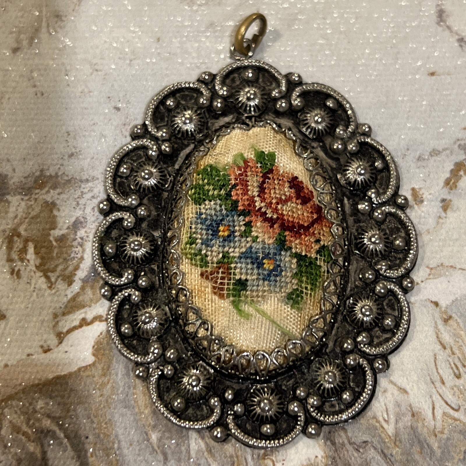 Vintage Cross-Stitch Print Flower Pendant Silver Tone Metal
