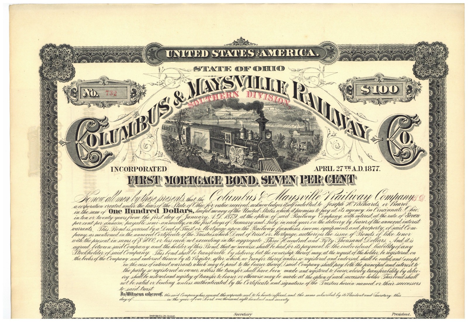 Columbus & Maysville Railway Company. Bond Certificate