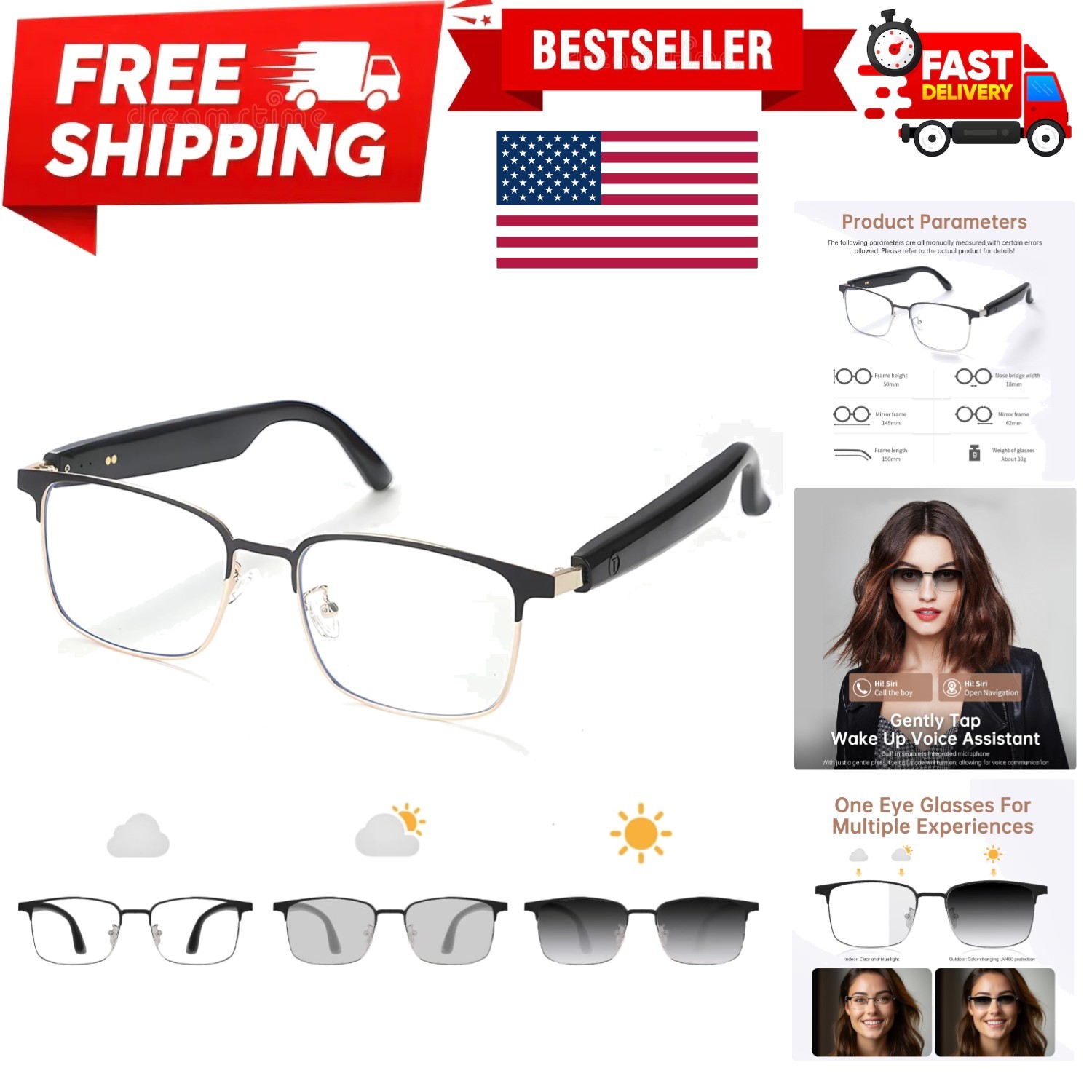 Bluetooth Audio Smart Glasses, Blue Light Glasses for Women Men,Open Ear Soun...