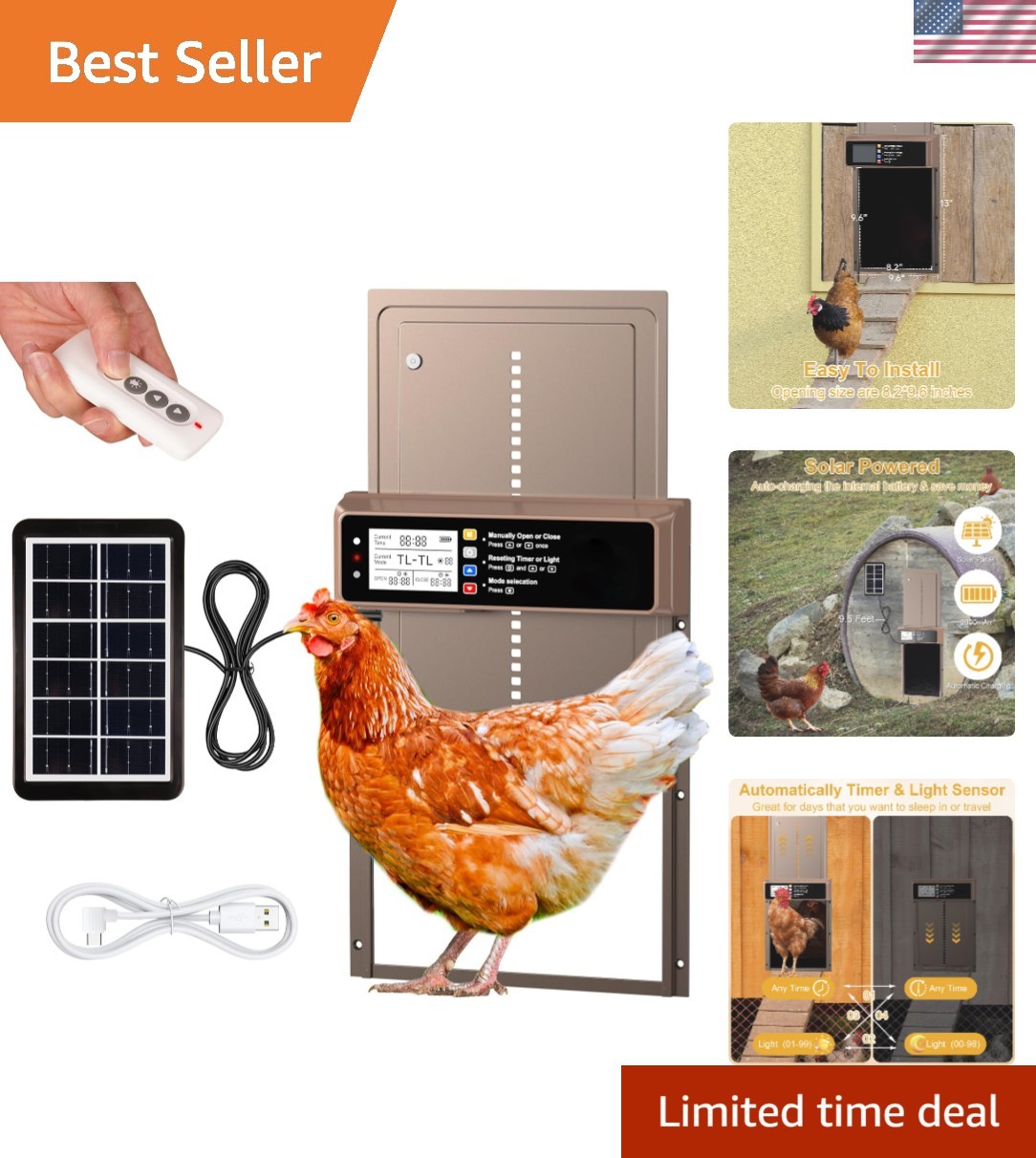 LCD Display Solar Chicken Coop Door - Automatic Open/Close with Timer & Light