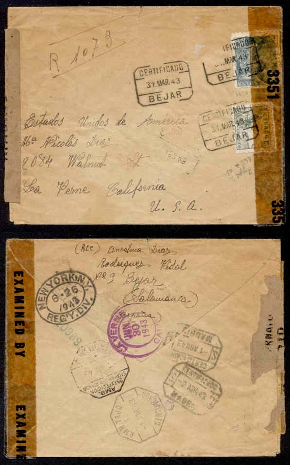 SPAIN 1943 DOUBLE CENSOR REG TO USA