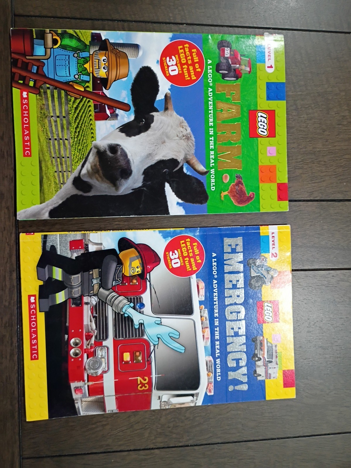 Scholastic LEGO Books PB Lot Of 2 Early Readers. Farm, Fire Trucks, Equipment 