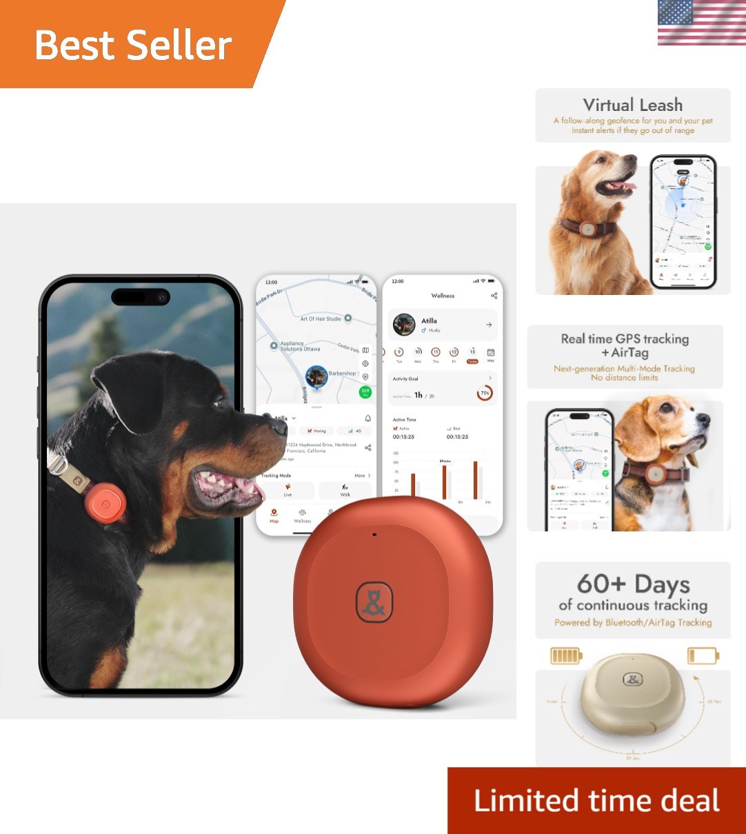 GPS + Bluetooth Pet Tracker for Cats & Dogs – Real‑Time Tracking, Virtual Fen...