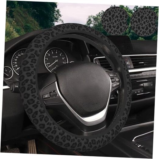 Black Leopard Print Steering Wheel Cover & 2 Pcs Ceramic Absorbent Cupholder 
