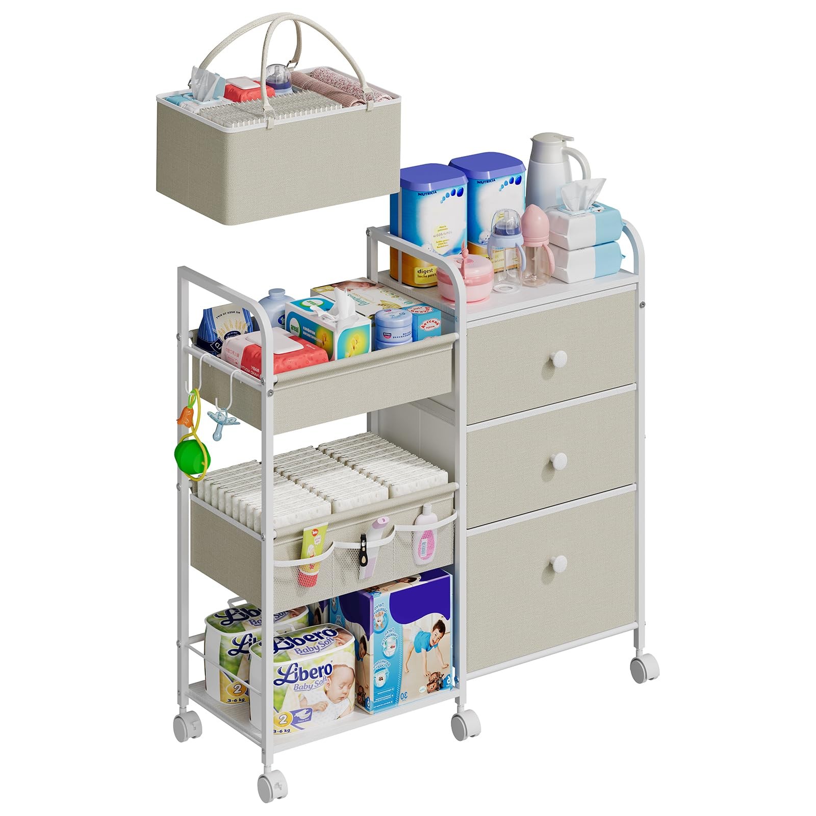 2In1 Baby Diaper Caddy Organizers and Storage, 3 Tier Rolling Cart with Divid...