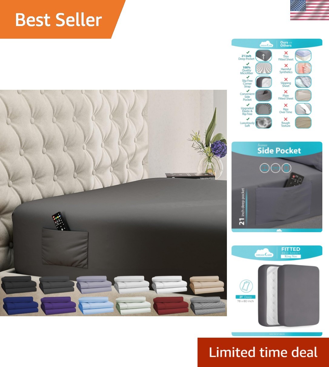 King Fitted Sheet Only - Extra Deep Pocket Fitted Sheet - Fits up to 21 inch ...