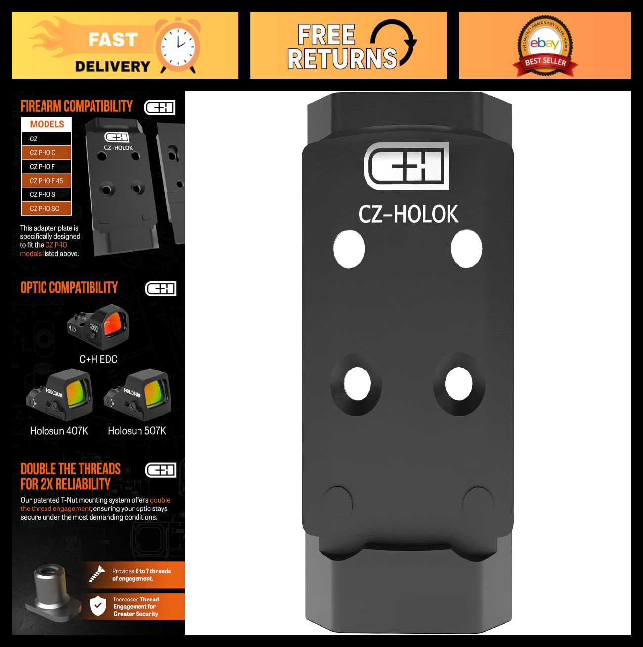 Precision Red Dot Mounting Plate for CZ P-10, Holosun 407K/507K - USA Made