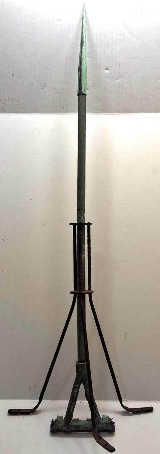 OLD ORIG. MEYER ROD W/ HEAVY BRASS EMBOSSED FOOT CLEAT LIGHTNING ROD WEATHERVANE