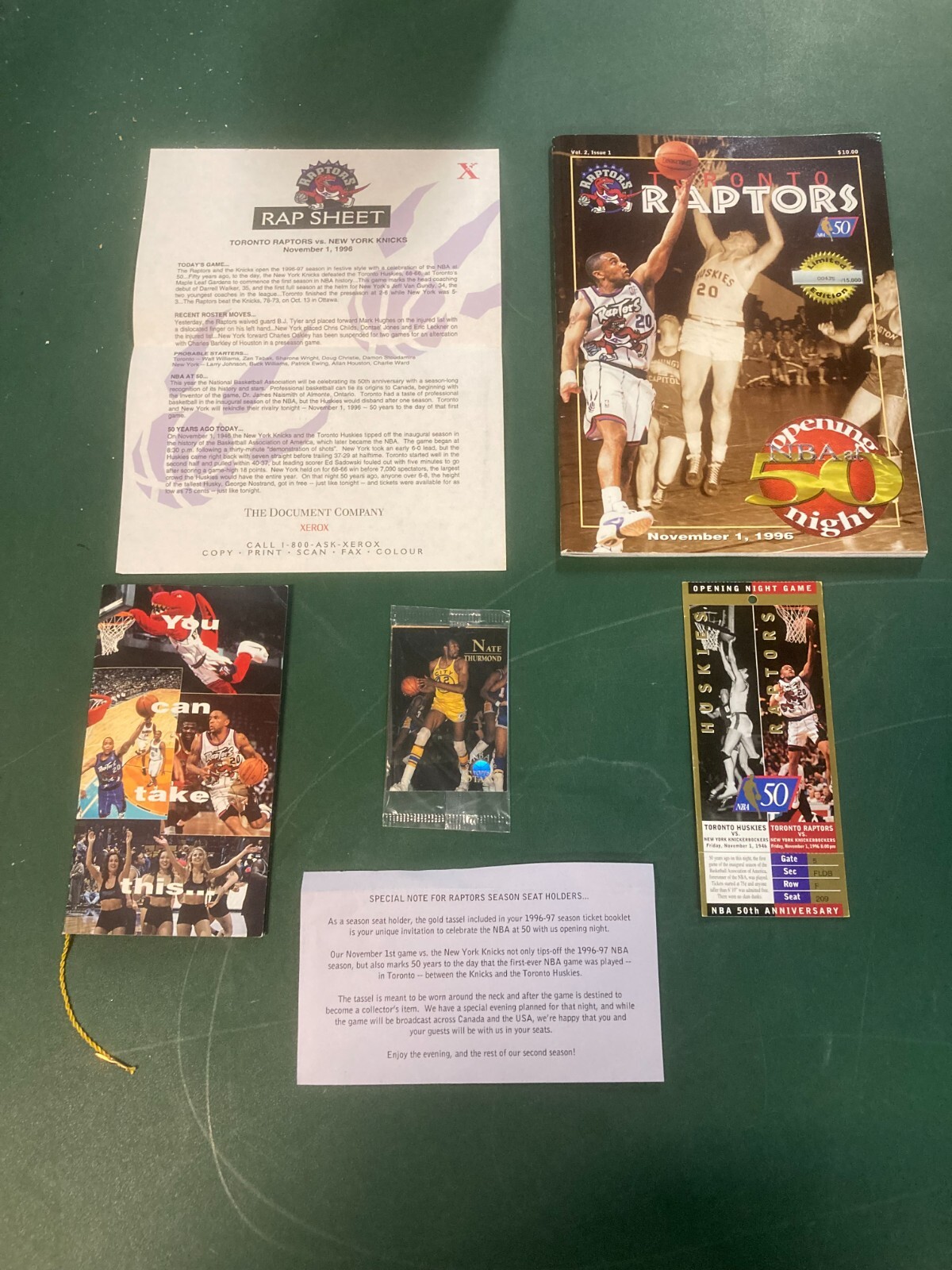 TORONTO RAPTORS NBA at 50 (PROGRAM / TICKET / 3 CARD PACK / RAP SHEET) 11/1/1996