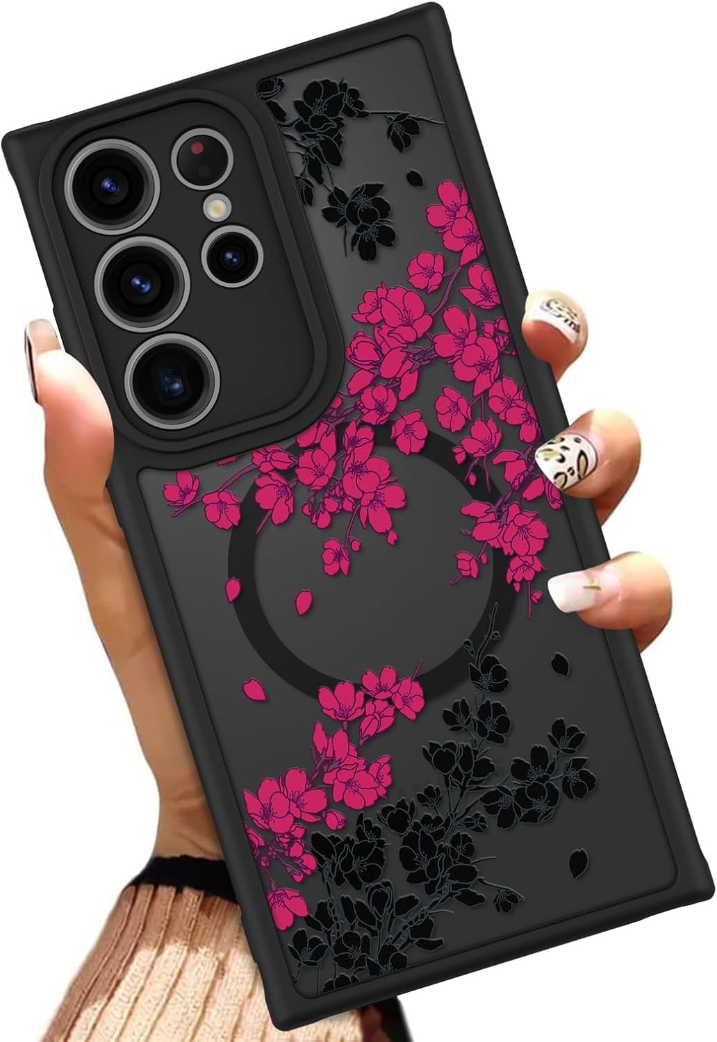 Samsung Galaxy S23 Ultra 6.8 Inch Hot Pink Floral Translucent Phone Cover Soft T