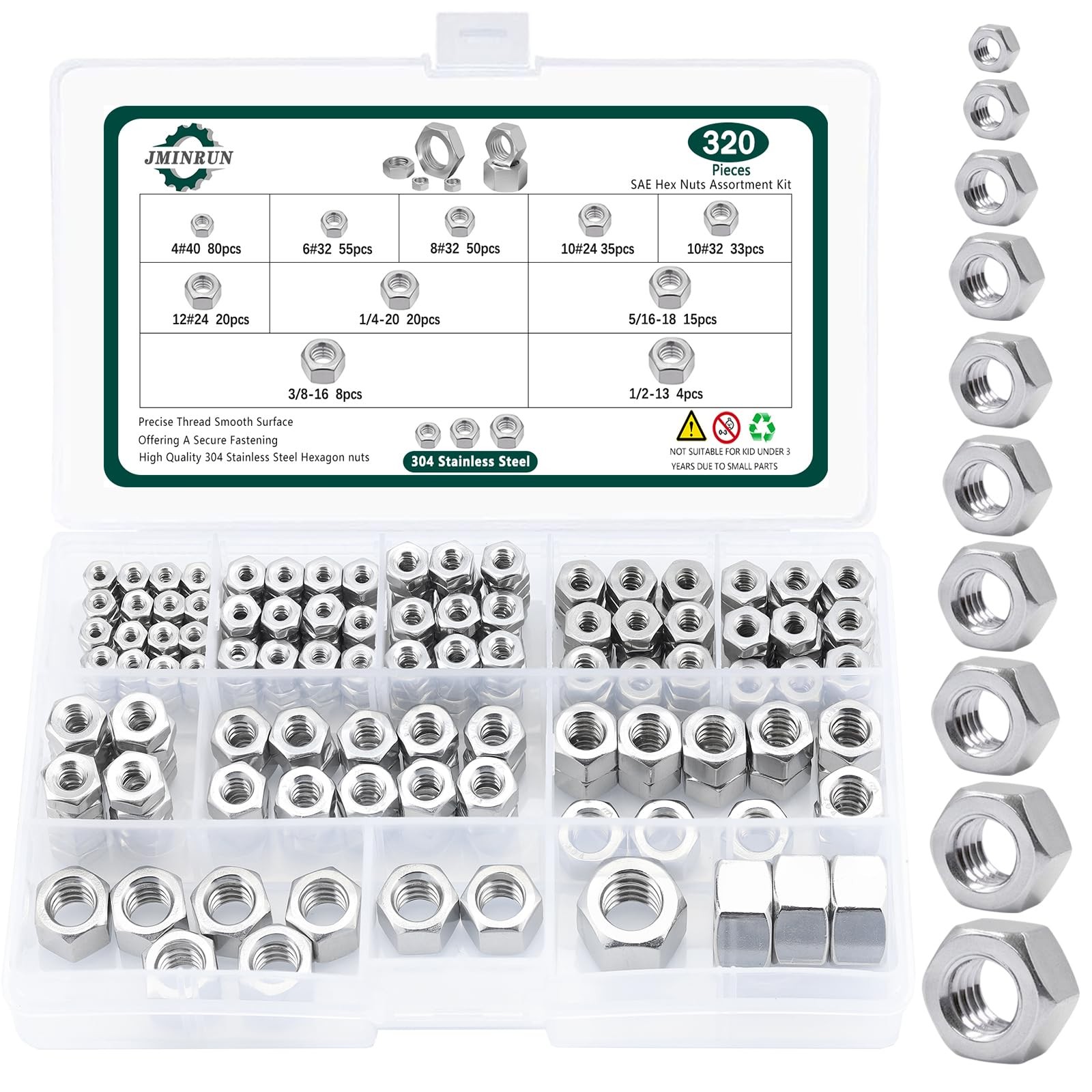 SAE Hex Nuts Assortment Kit, 320 PCS 304 Stainless One Size, 330PCS 