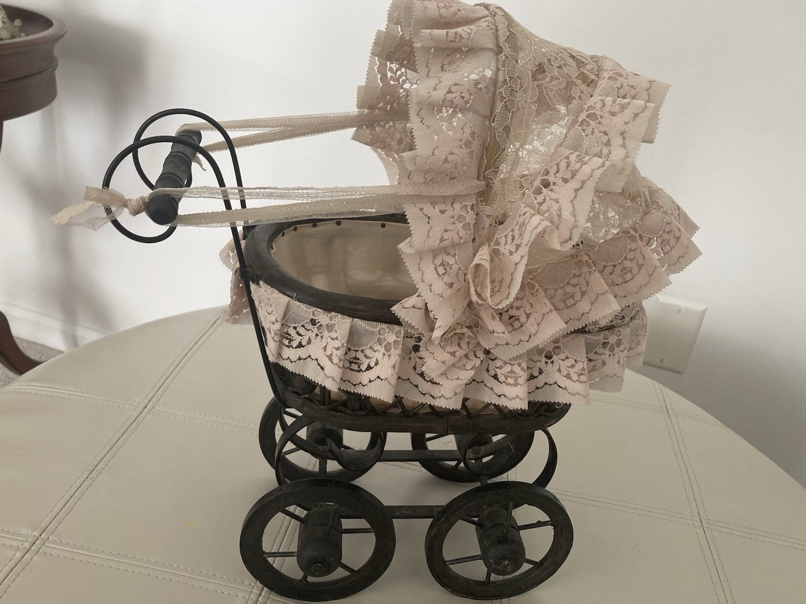 Antique Victorian Baby Buggy Miniature Lace Wood Metal Doll Carriage Stroller