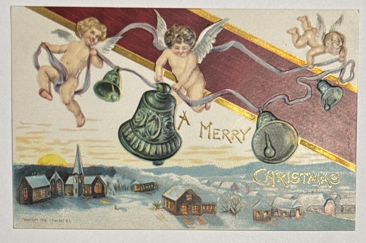 Merry Christmas Cherubs Bells Over Winter Village Embossed Antique Postcard