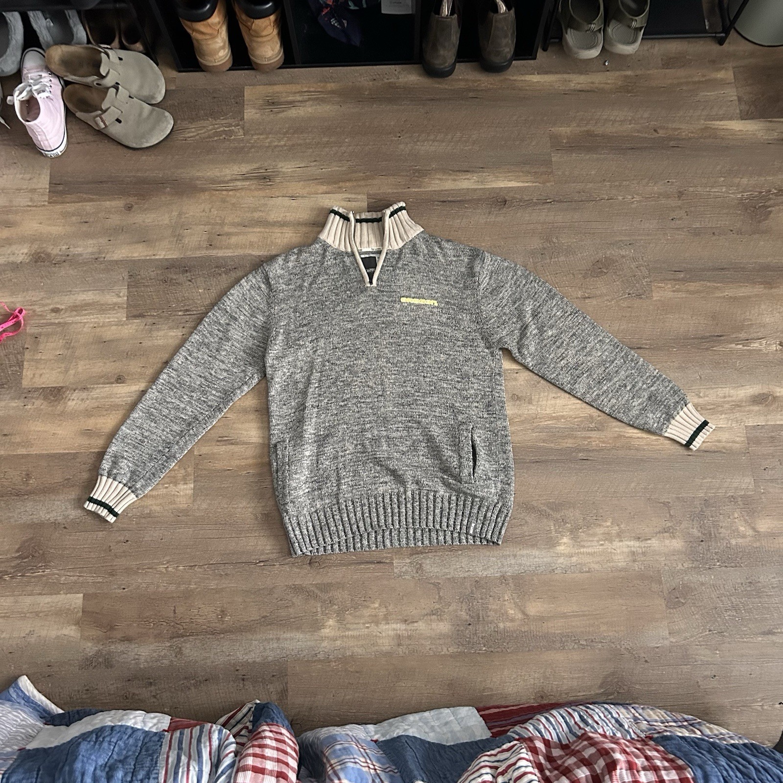 Oregon Ducks Bruzer Sweater 1/4 Zip Pullover XL Tight Cable Knit Grey Heather