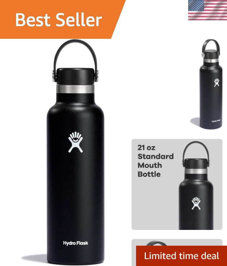 Water Bottle - Insulated Stainless Steel - Non Spill, Leakproof in 21 Oz Black