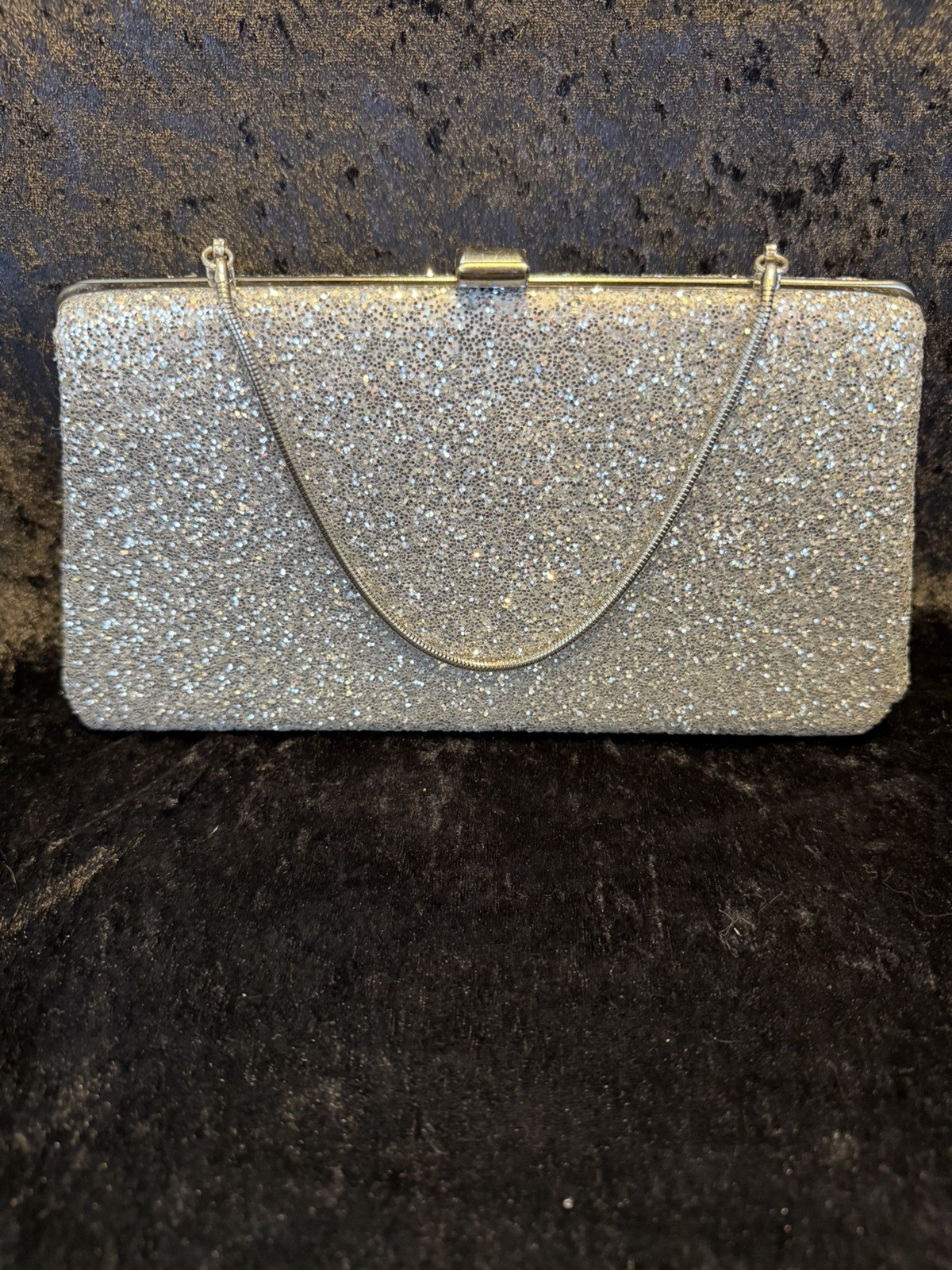 Vintage 1960s Metal Frame Silver Glitter Clutch With Chain