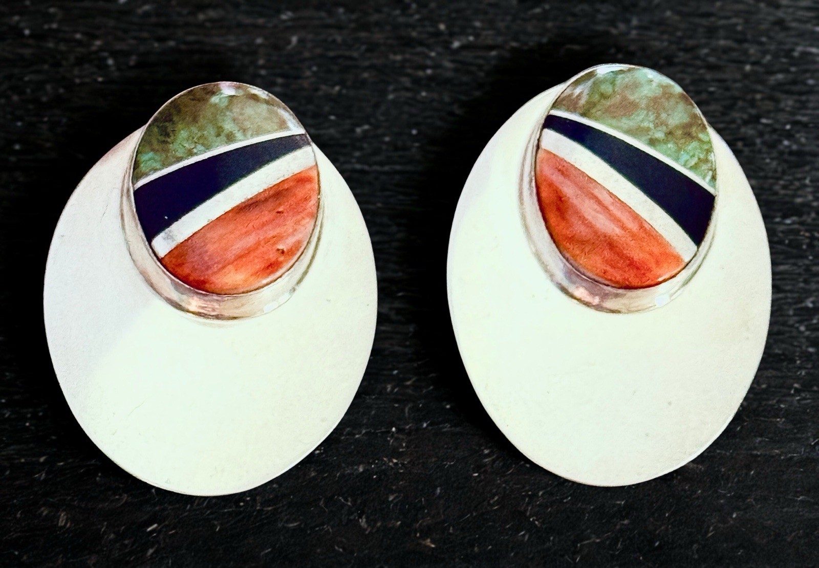 Southwestern Sterling Silver Inlay Stud Earrings - Turquoise, Spiny Oyster, Onyx