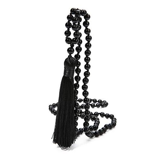  8MM Beads Chakra Long Mala Necklace Natural Stone Meditation Black Agate