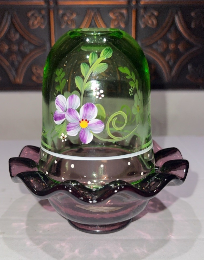 Fenton Fairy Lamp Green and Purple Floral and Dots GLOWS by TJ Mendenhall