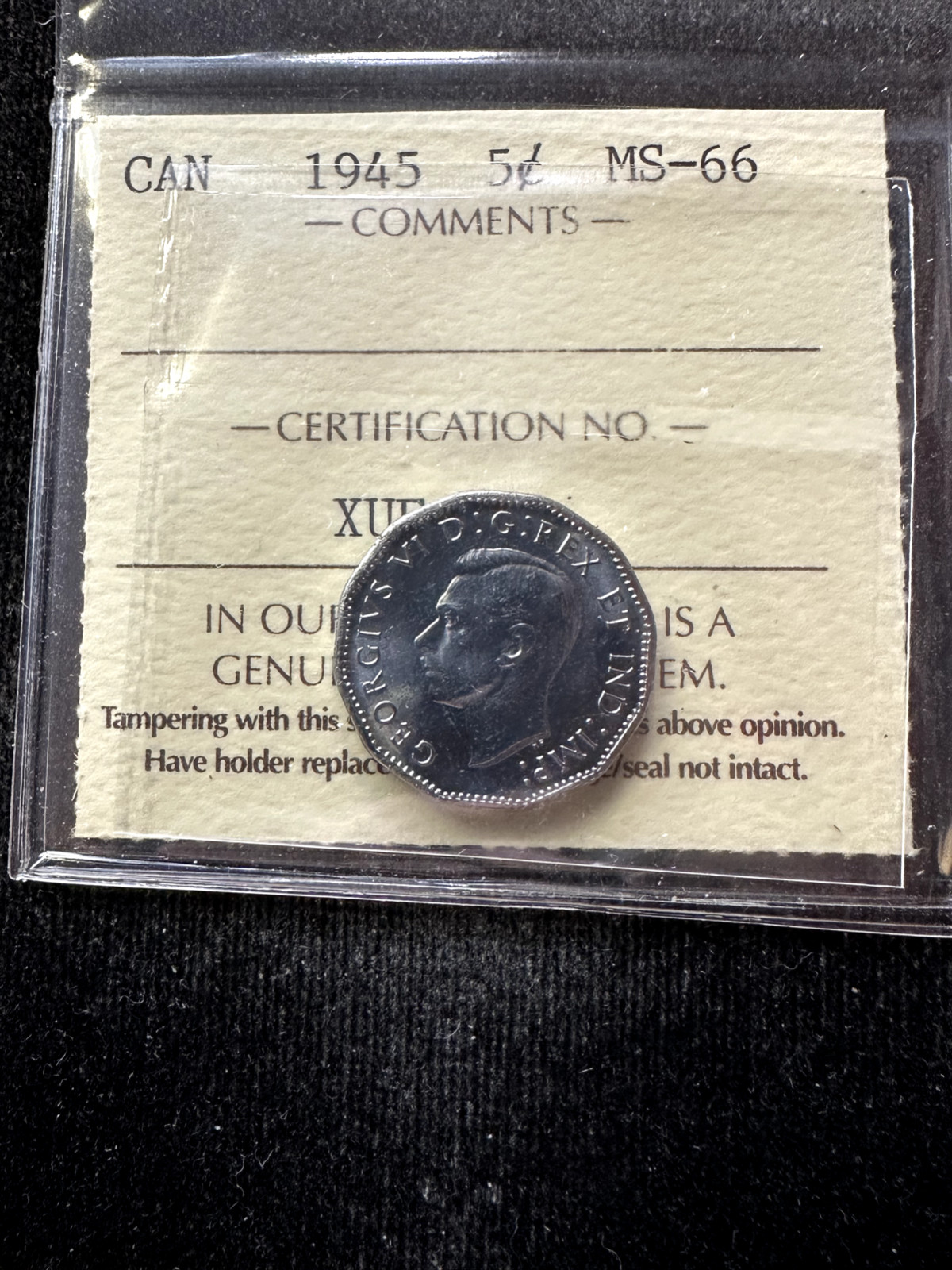 1945  ICCS Graded Canadian, Five Cent **MS-66**Cert# XUF 331