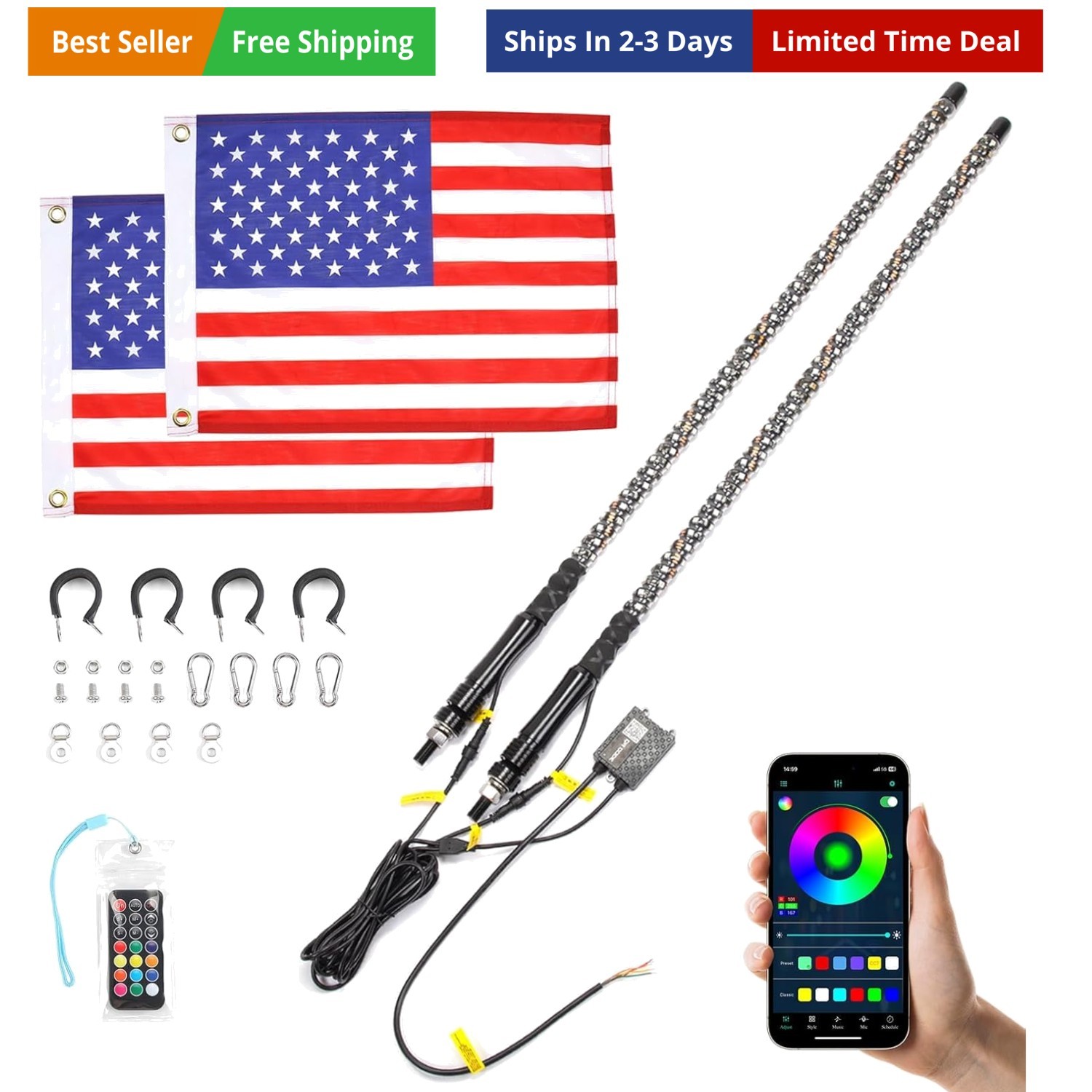 2pc 3ft Bluetooth Whip Lights for Side by Side, Turning Signal Function Compa...