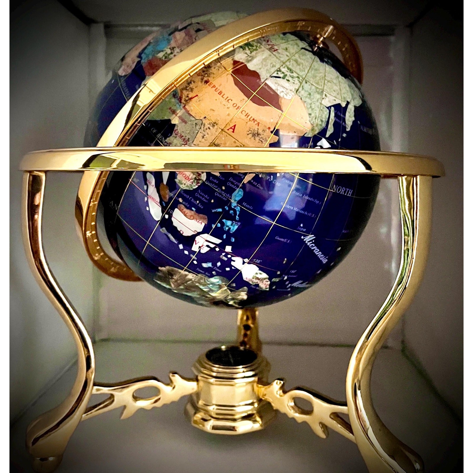 Gemstone Inlay Globe w/ Compass Base, 14” Tall  Luxury Decor