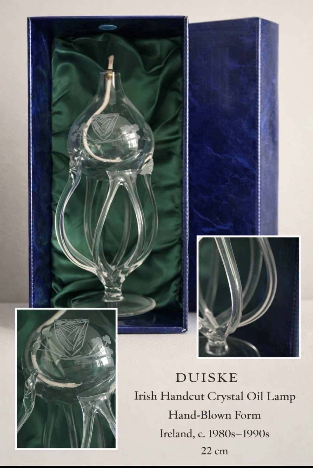 Vintage Duiske Irish Handcut Crystal Oil Lamp 22cm w/ Satin Box