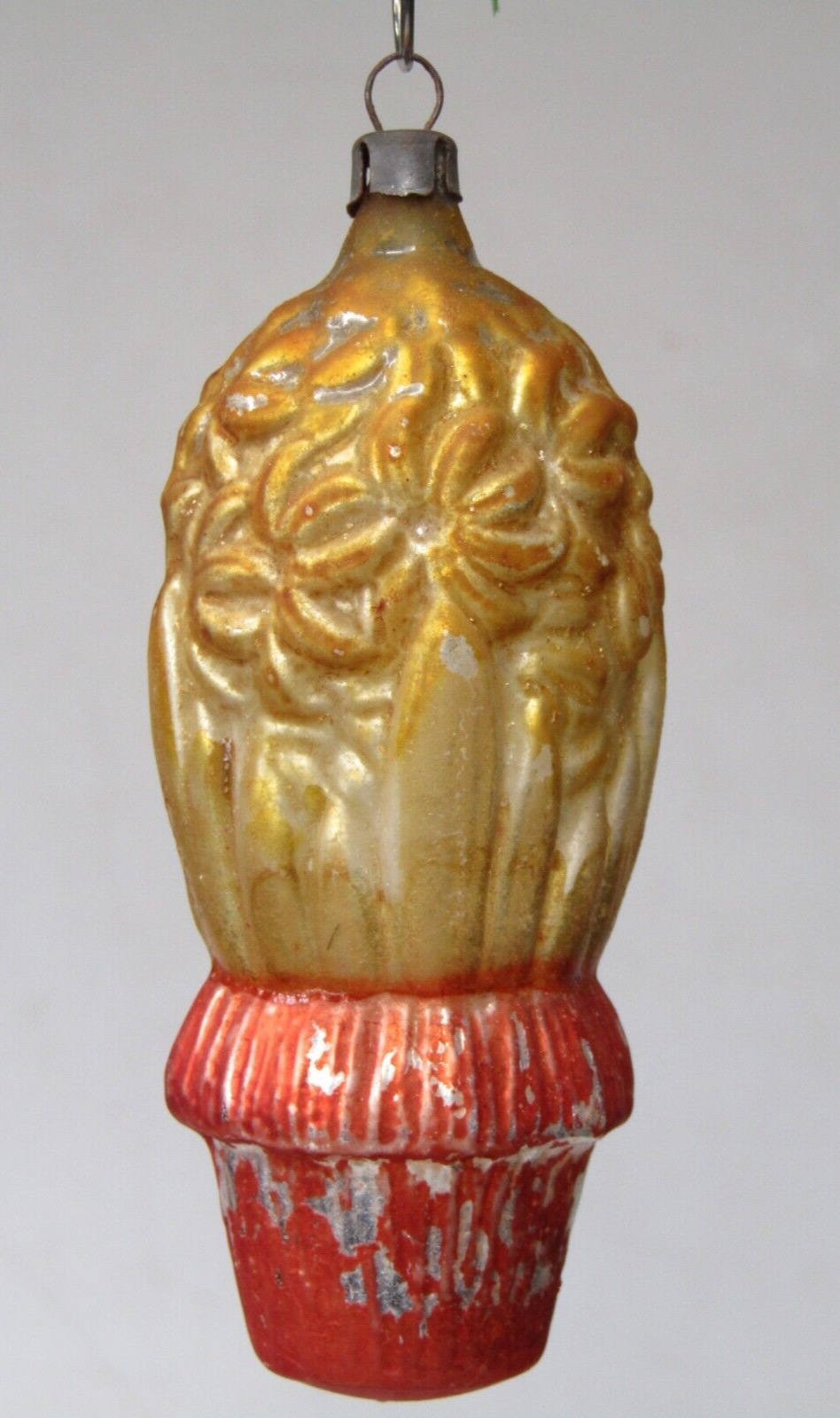 Vintage Antique Glass Gold Hyacinth Flower Embossed Christmas Ornament Germany