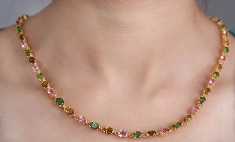 34.7Ct Rainbow Multi Tourmaline Women Chain Tennis Necklace 18K Yellow Gold Over