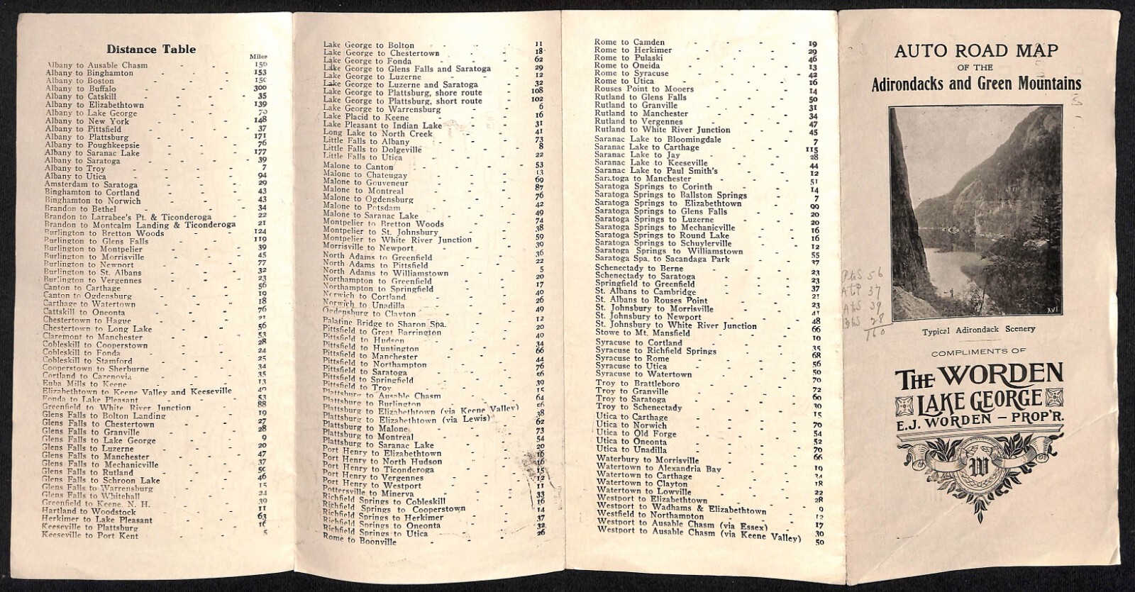 The Worden Lake George c1925 Auto Road Map Adirondacks Green Mountains Scarce #2