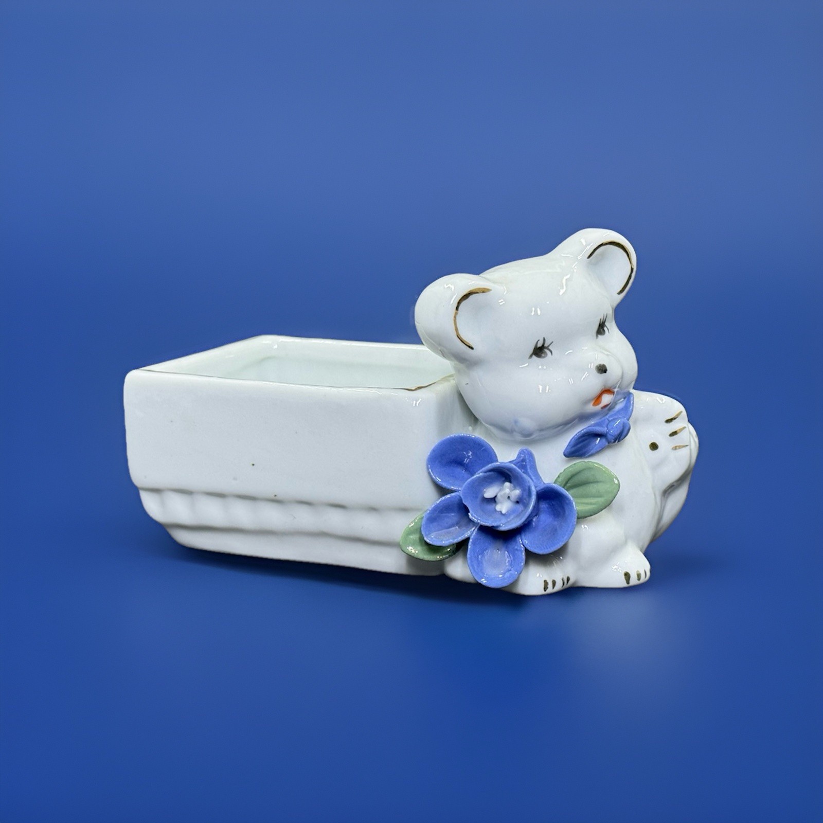 Cute Vintage Porcelain Mini Teddy Bear Planter Trinket Holder Blue Flower