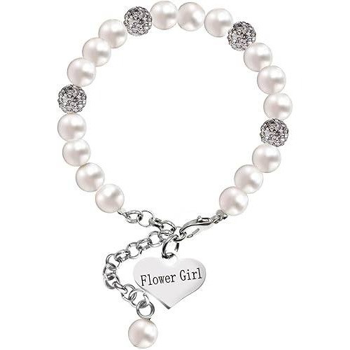 Flower Girl Pearl Bracelet White Faux Pearl Crystal Pave Heart Charm Jewelry