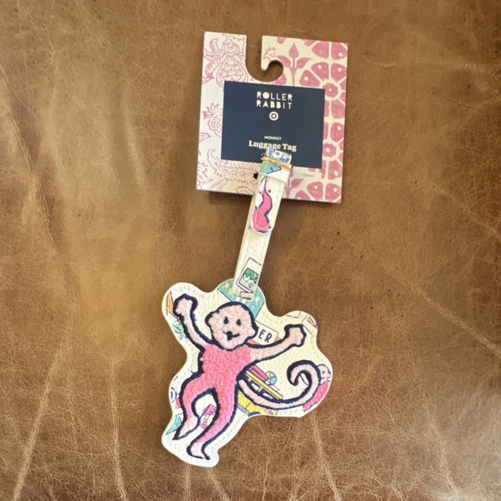 Roller Rabbit Monkey Shaped Luggage Tag Colorful Design Faux Leather