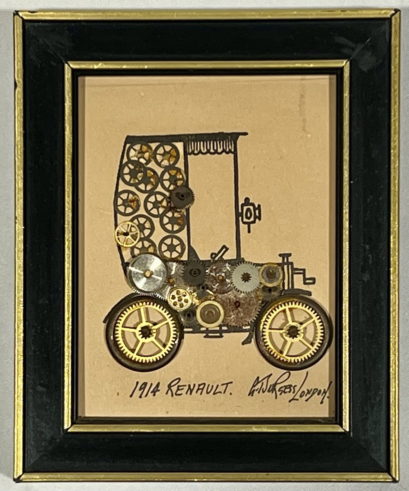 G Burgess London Watch Clock Parts Horological Collage Antique Car Art -4”x 3”