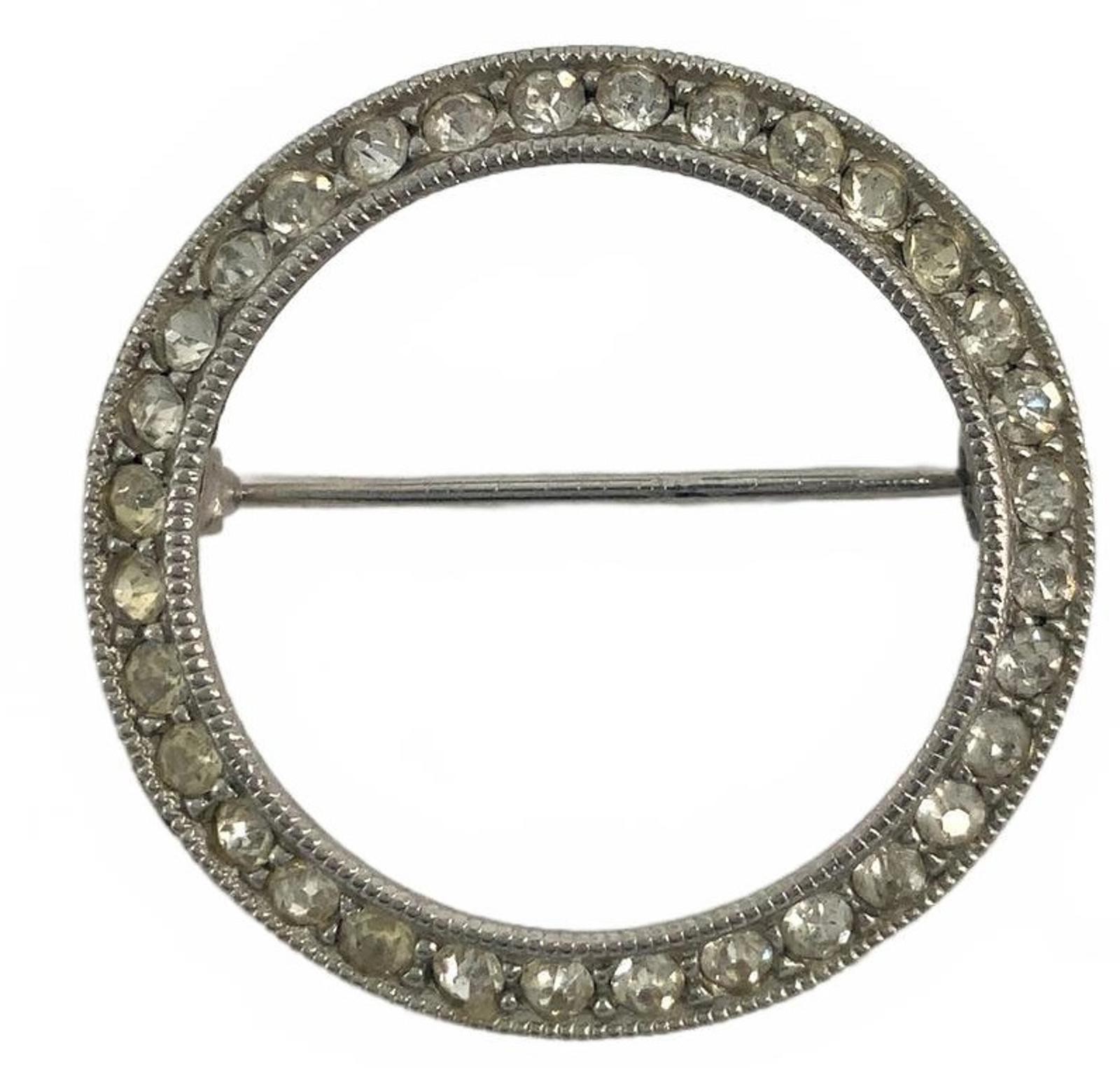 Vintage Rhinestone Silvertone Art Deco Circle Pin Small Round Brooch 1 Inch