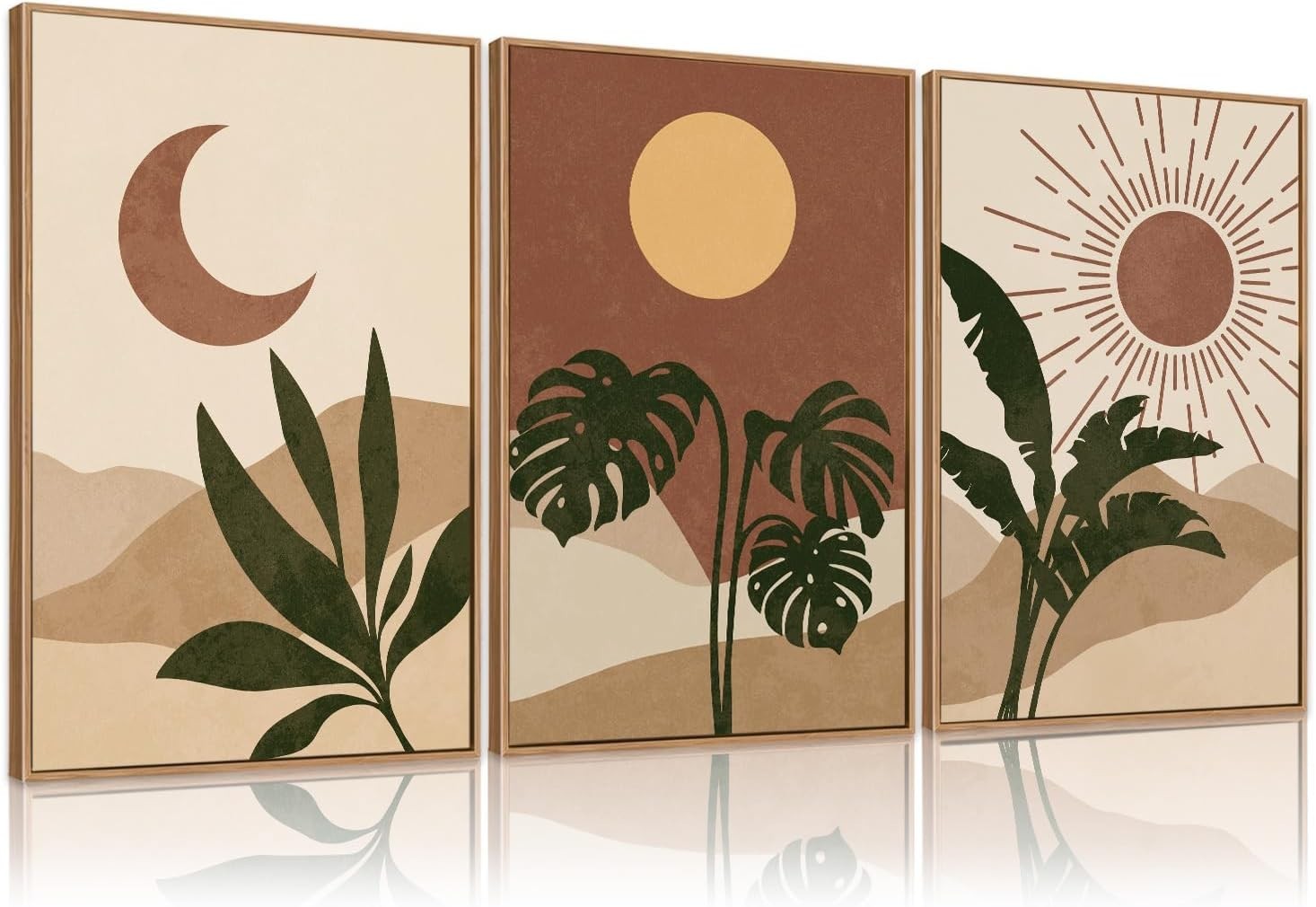 Mid-Century Modern Wall Art Set of 3, Boho Sun and Moon Wall Decor, Bohemian Ab